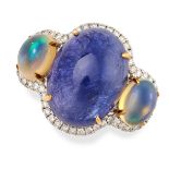 A TANZANITE, OPAL AND DIAMOND RING set with a cabochon tanzanite of 12.85 carats between two