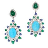 A PAIR OF TURQUOISE, EMERALD, SAPPHIRE AND DIAMOND EARRINGS each set with a cabochon turquoise