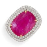 A RUBY AND DIAMOND DRESS RING in 18ct white gold, set with a cushion cut ruby of 13.59 carats,