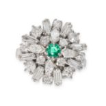 AN EMERALD AND DIAMOND RING in 18ct white gold, set with a round cut emerald in a border of