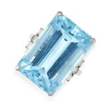 AN AQUAMARINE AND DIAMOND RING in platinum, set with an emerald cut aquamarine of 26.36 carats,