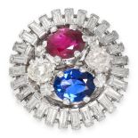 A DIAMOND, RUBY AND SAPPHIRE DRESS RING in 18ct white gold and platinum, set with a central