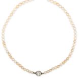 A NATURAL PEARL AND DIAMOND NECKLACE comprising a single row of natural pearls and two cultured