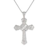 A DIAMOND CROSS PENDANT AND CHAIN in 18ct white gold, set throughout with baguette and round