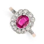 AN ANTIQUE BURMA NO HEAT RUBY AND DIAMOND CLUSTER RING in 15ct yellow gold, set with a central