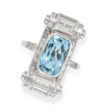 AN ART DECO AQUAMARINE AND DIAMOND RING the rectangular scrolling face set with a cushion cut