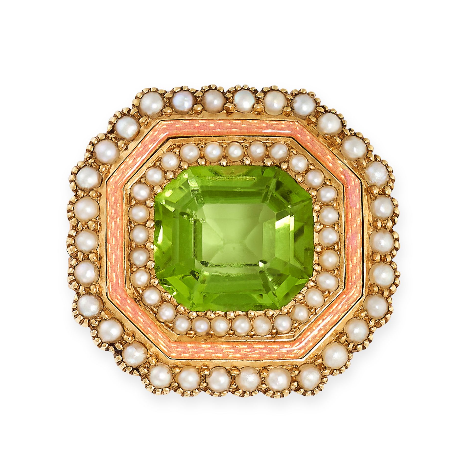 A FINE ANTIQUE PERIDOT, PEARL AND ENAMEL BROOCH in yellow gold, set with an octagonal step cut