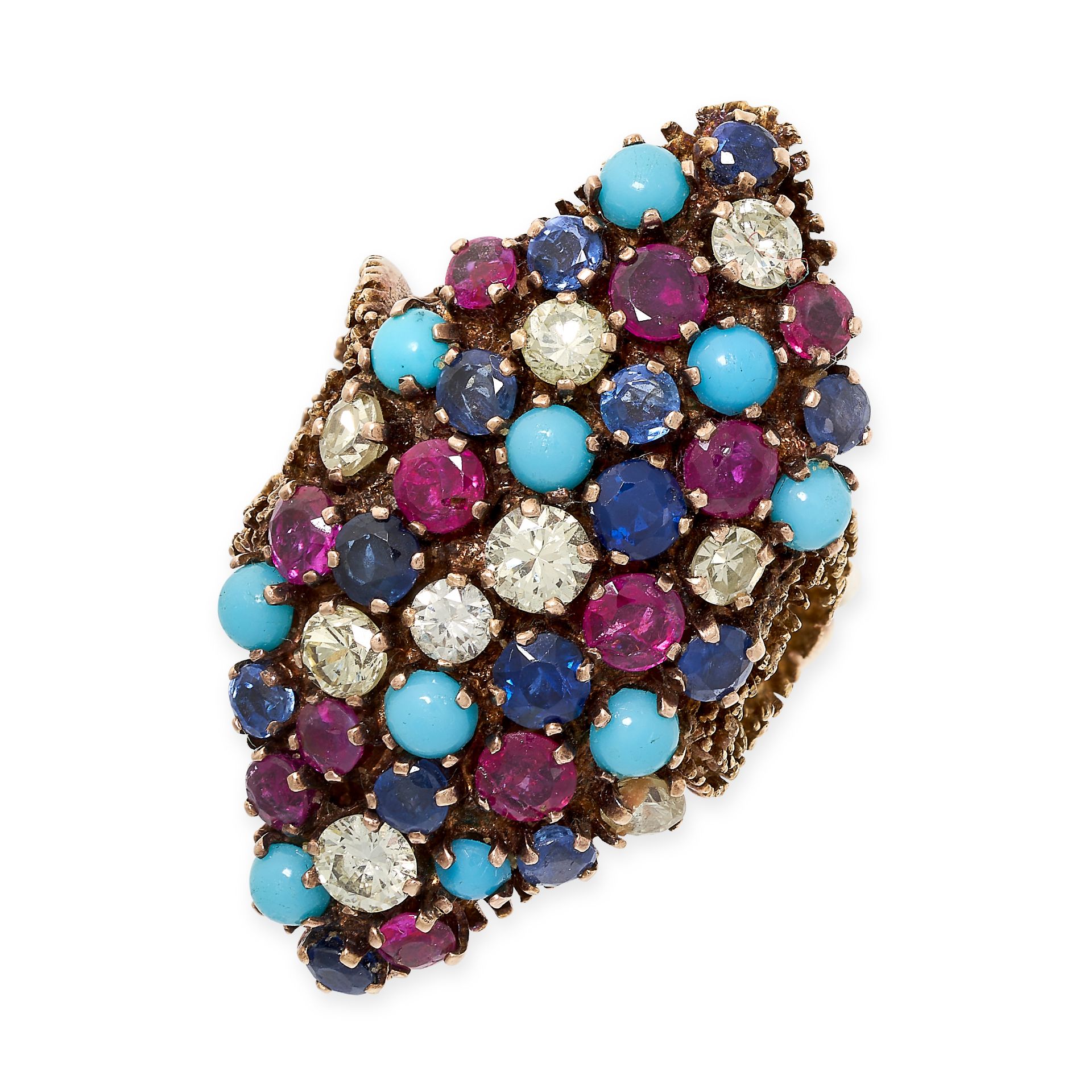 A VINTAGE TURQUOISE, SAPPHIRE, RUBY AND DIAMOND COCKTAIL RING in 18ct yellow gold, the navette