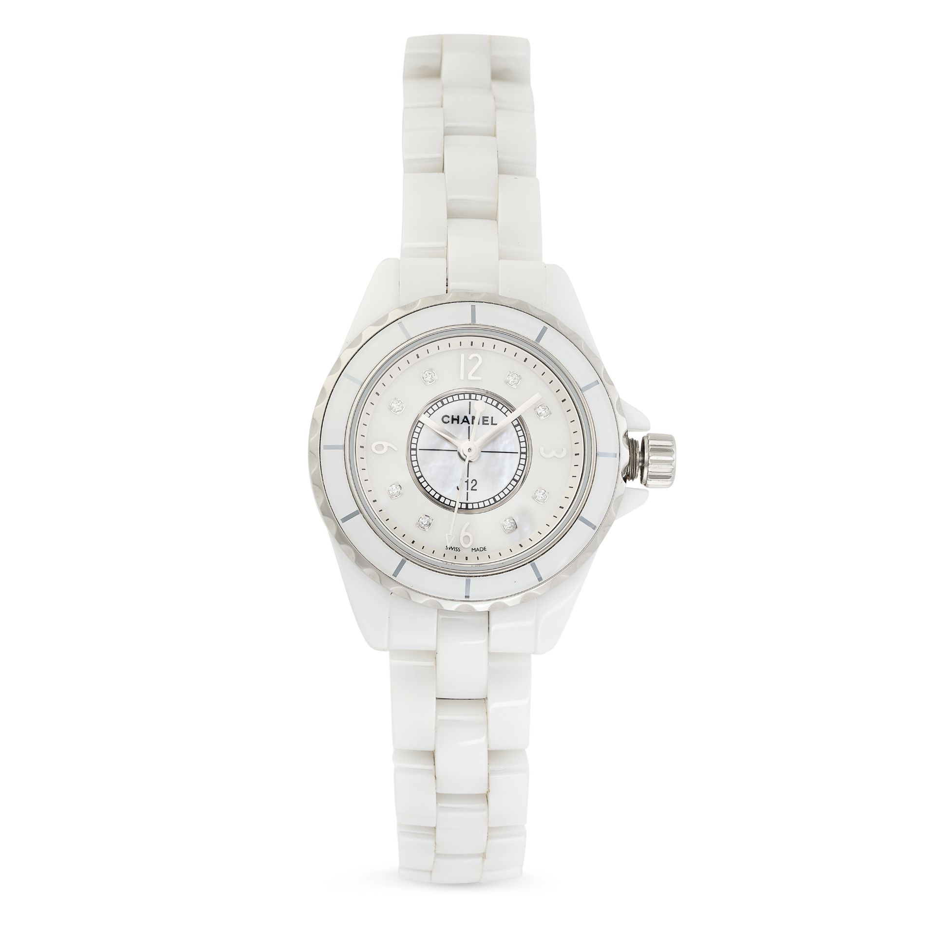 CHANEL, A DIAMOND WHITE CERAMIC WATCH white ceramic case with the mother of pearl dial set with