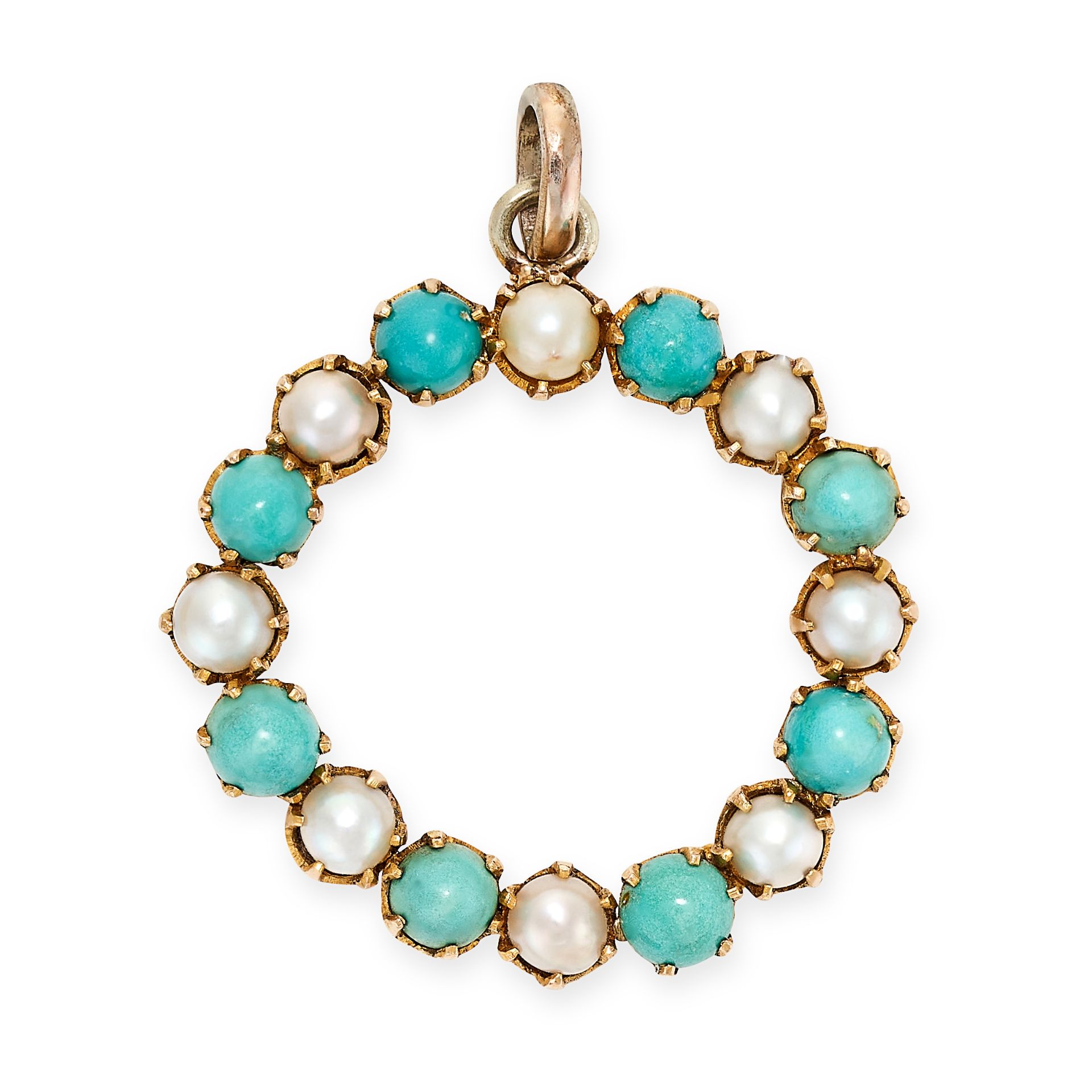 AN ANTIQUE TURQUOISE AND PEARL PENDANT in yellow gold, the circular body set alternately with