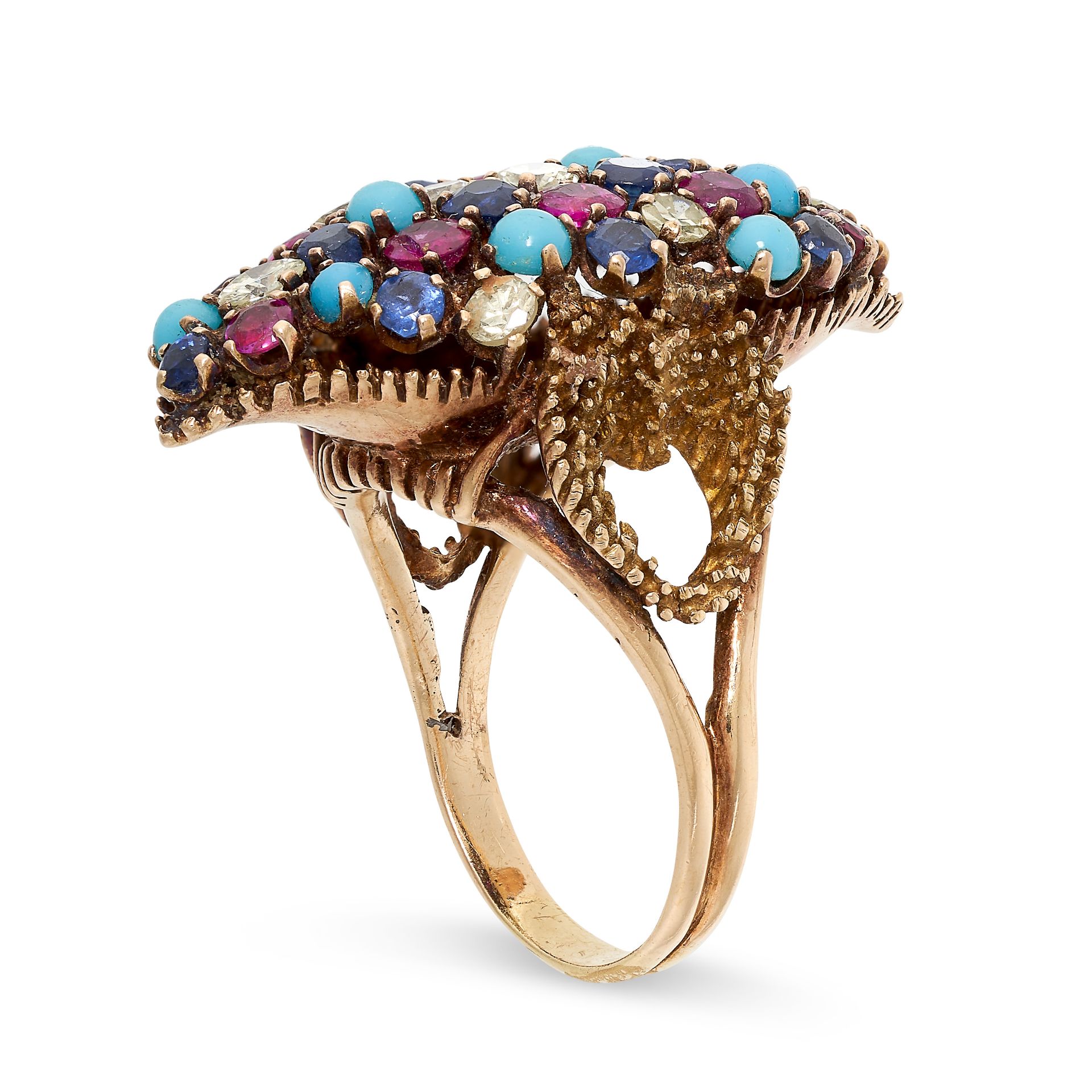 A VINTAGE TURQUOISE, SAPPHIRE, RUBY AND DIAMOND COCKTAIL RING in 18ct yellow gold, the navette - Bild 2 aus 2