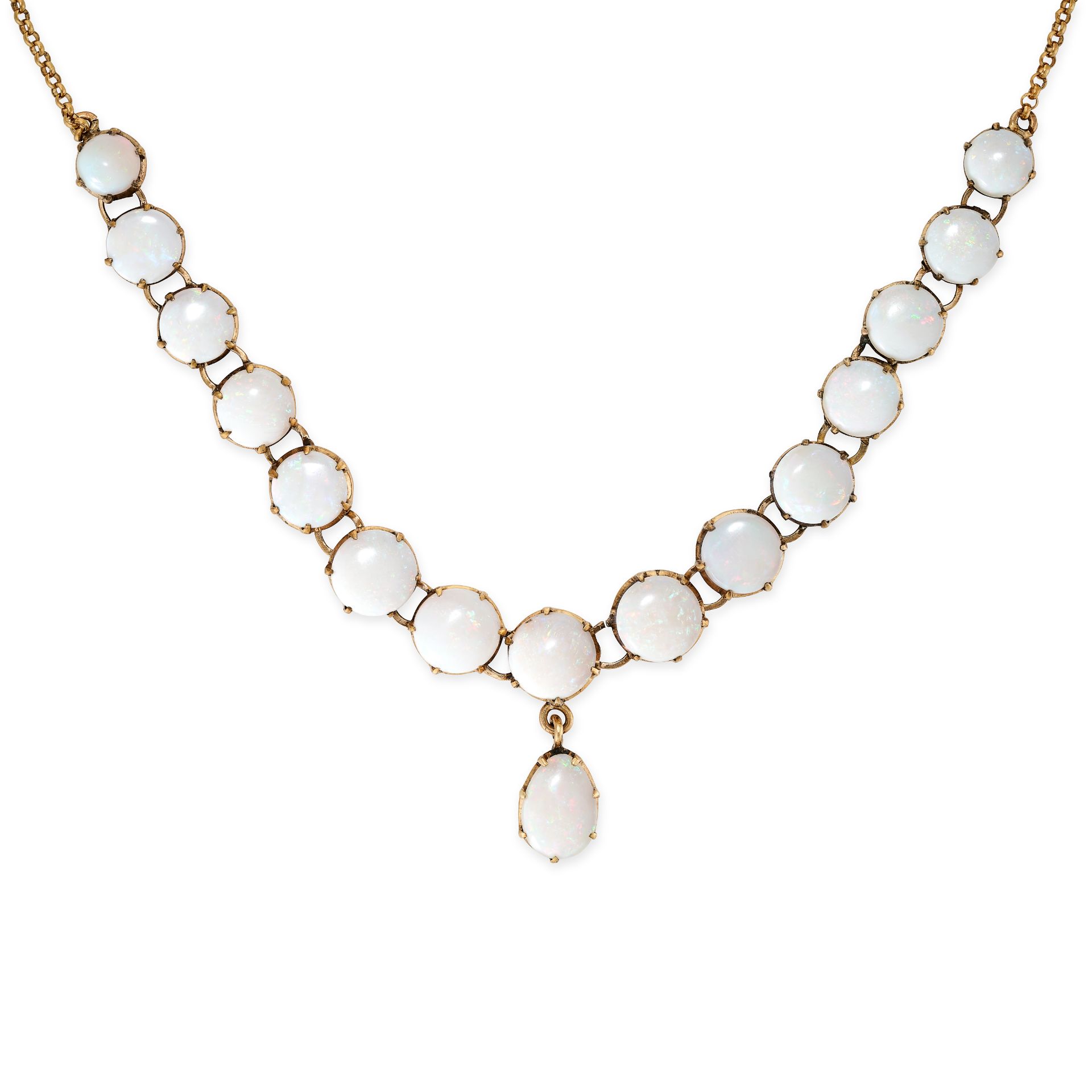 AN OPAL FRINGE NECKLACE in yellow gold, set with a row of fifteen graduated round cabochon opals,