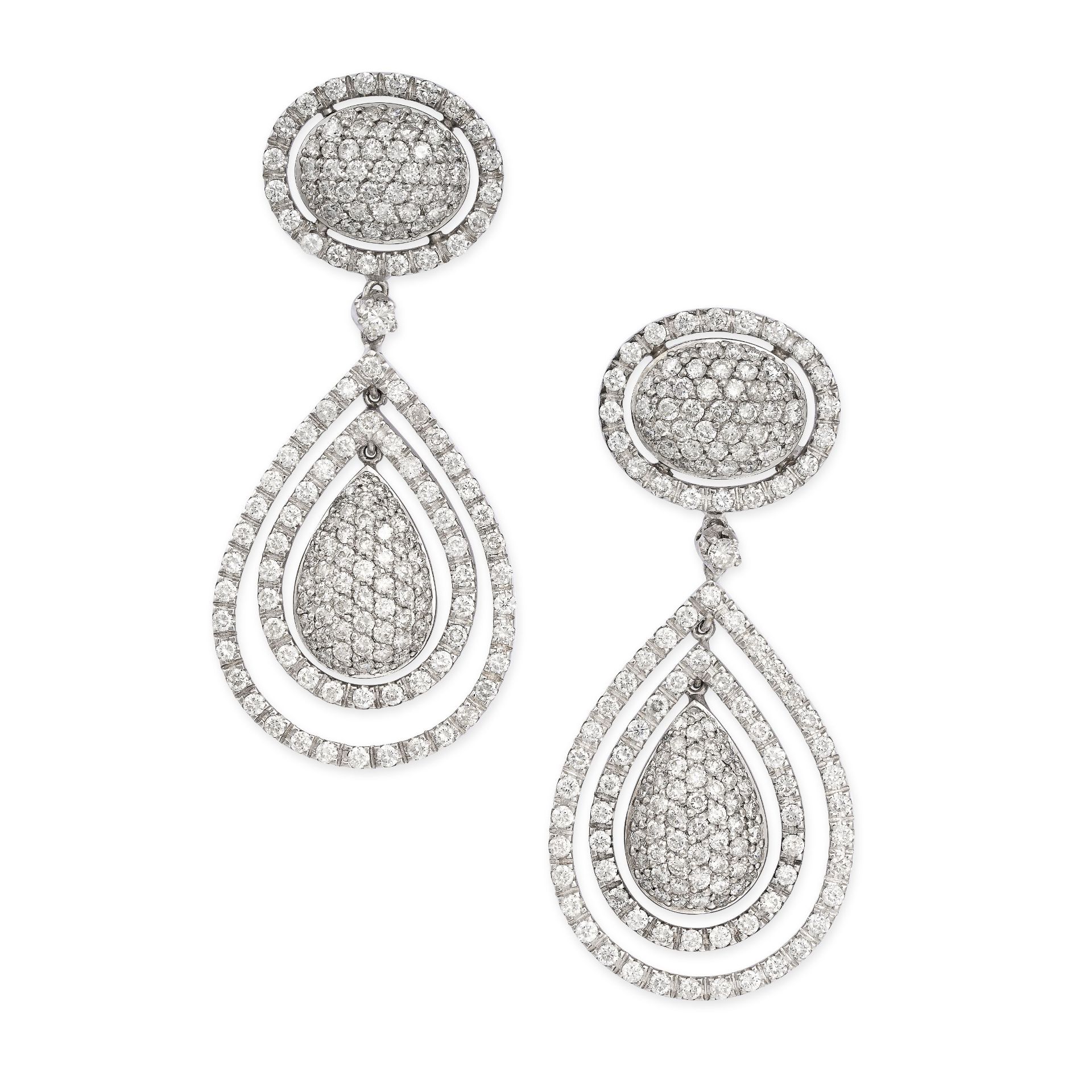 A PAIR OF DIAMOND DROP EARRINGS with central pave set diamond pear shaped domes surrounded by two