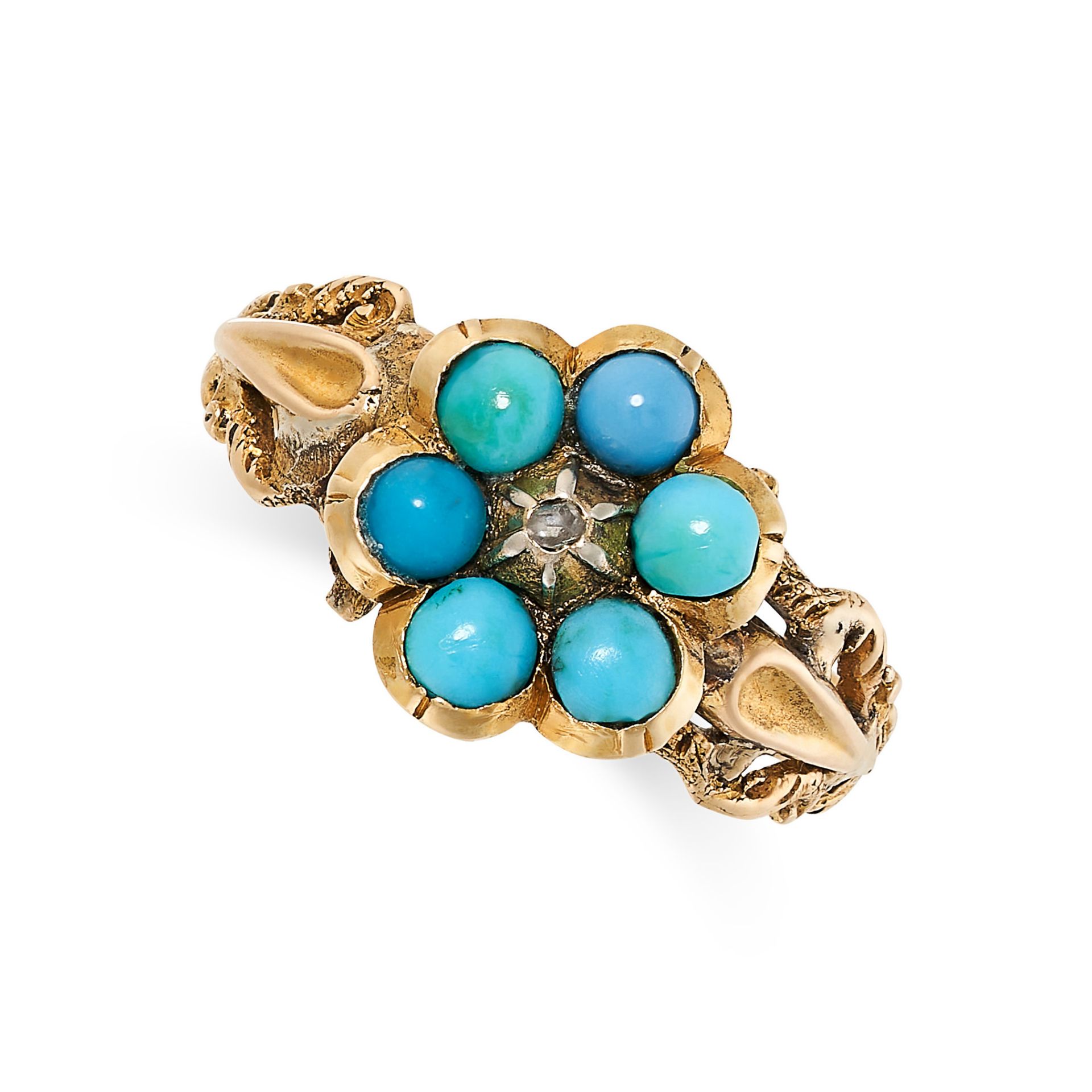 AN ANTIQUE TURQUOISE AND DIAMOND DRESS RING, 19TH CENTURY in high carat yellow gold, designed as a