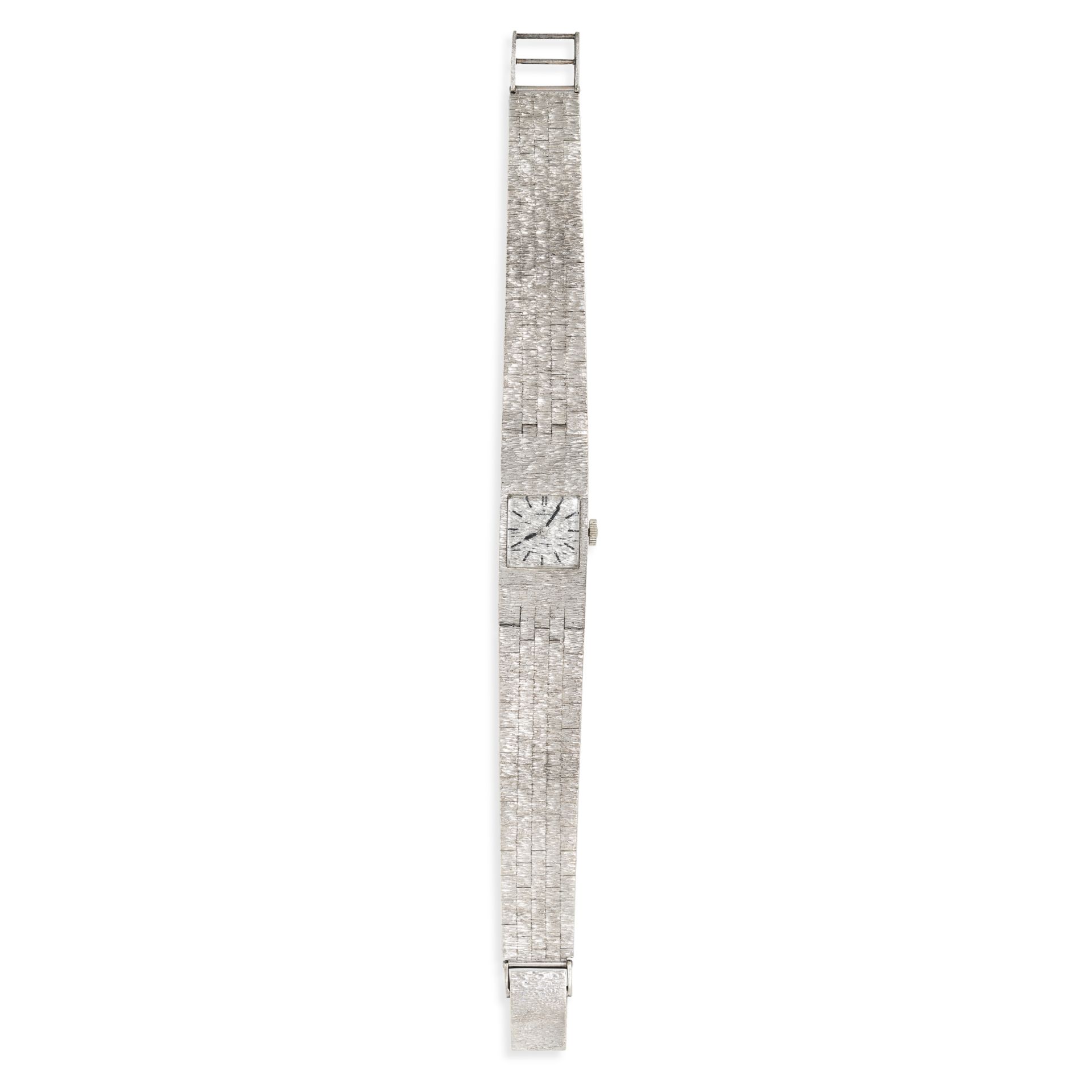 HAMILTON, A VINTAGE LADIES WATCH in 9ct white gold, with square silver dial and textured detail to
