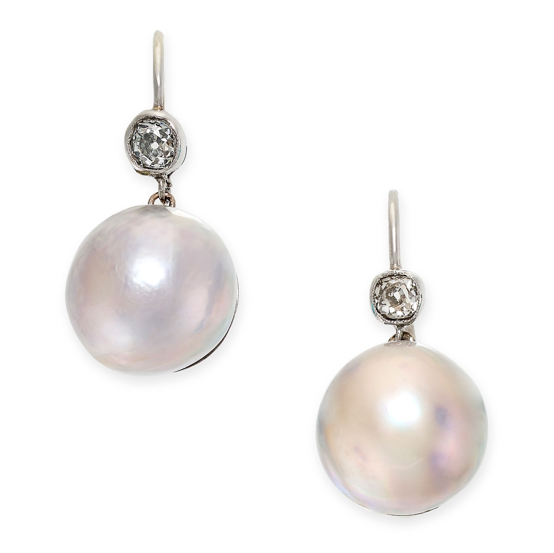 A PAIR OF PEARL AND DIAMOND DROP EARRINGS in white gold, each set with a pearl of 11.3mm and 11.4mm,