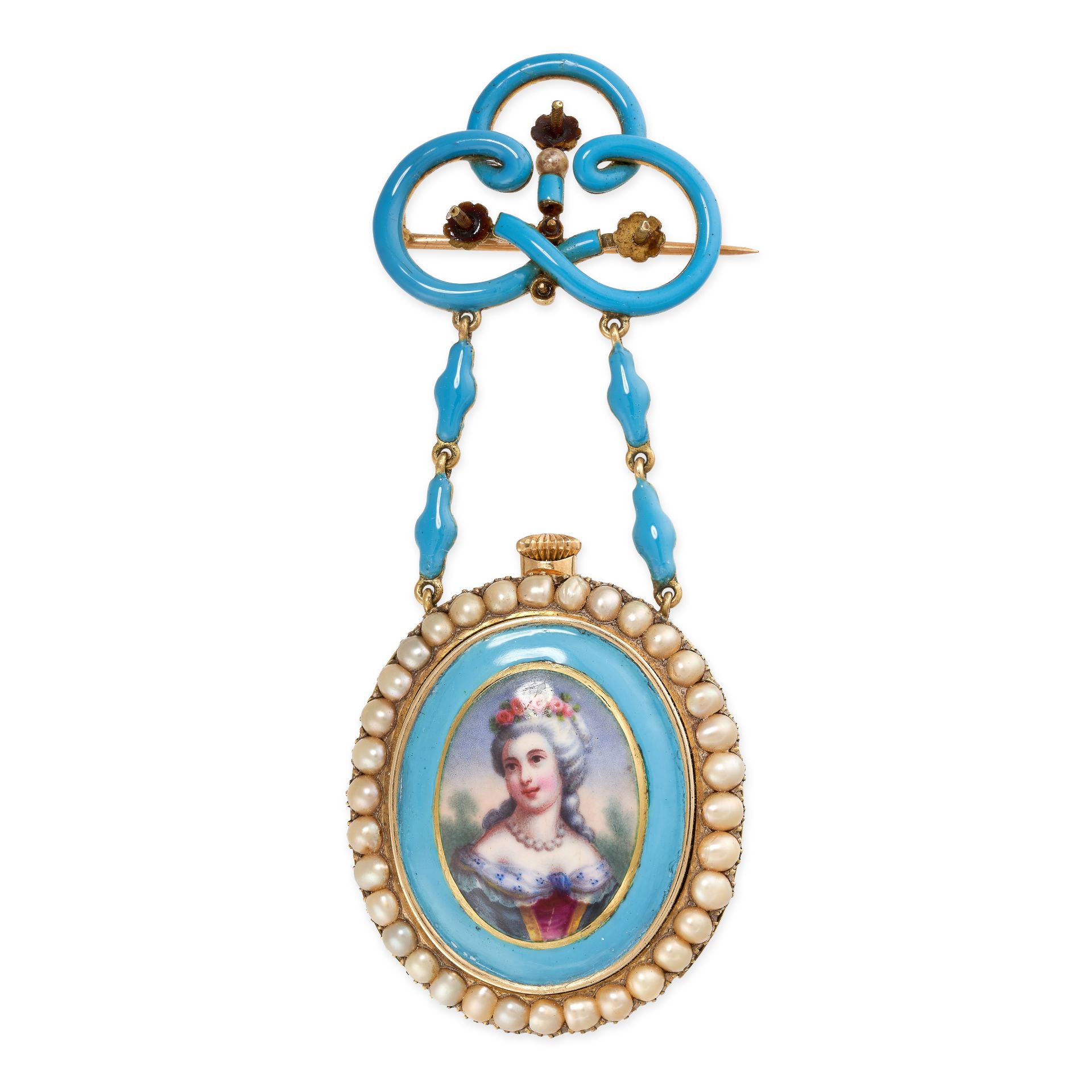 TIFFANY & CO, AN ANTIQUE ENAMEL AND PEARL POCKET WATCH in yellow gold, comprising a knotted motif