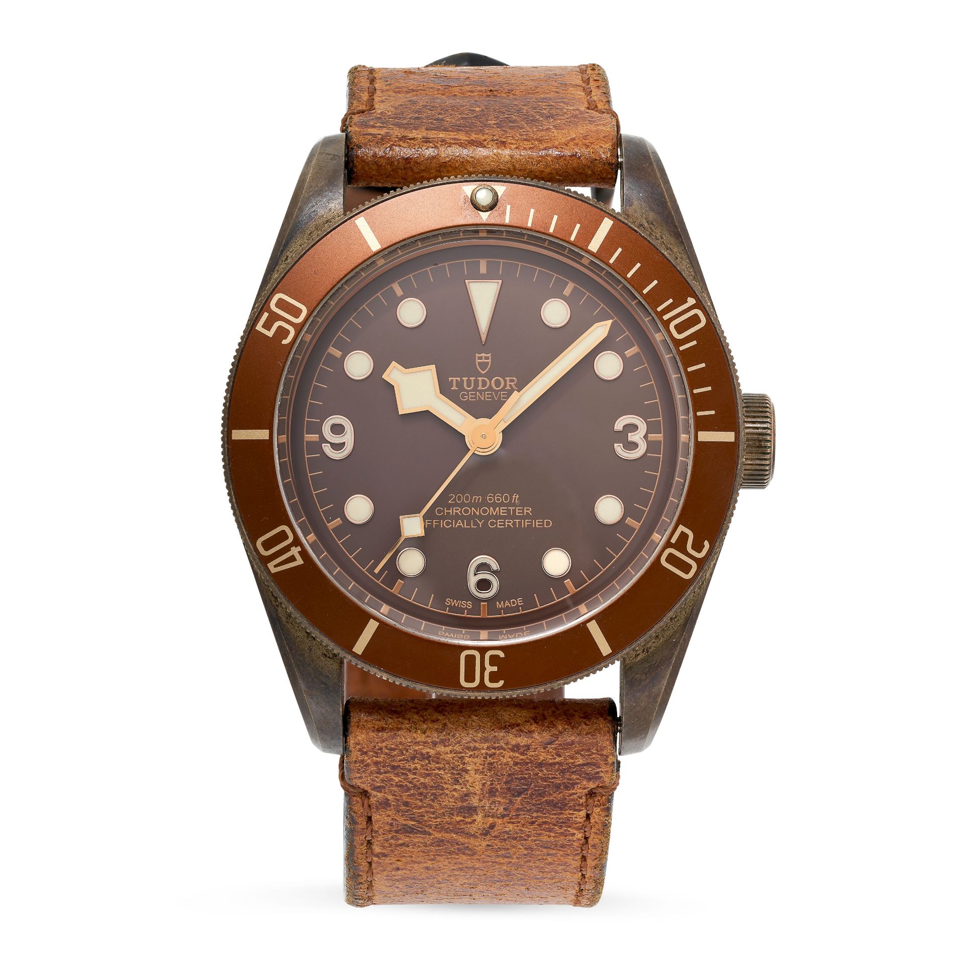 TUDOR, BRONZE BLACK BAY WATCH, REF. 75290BM a bronze case with a brown dial, to a brown leather