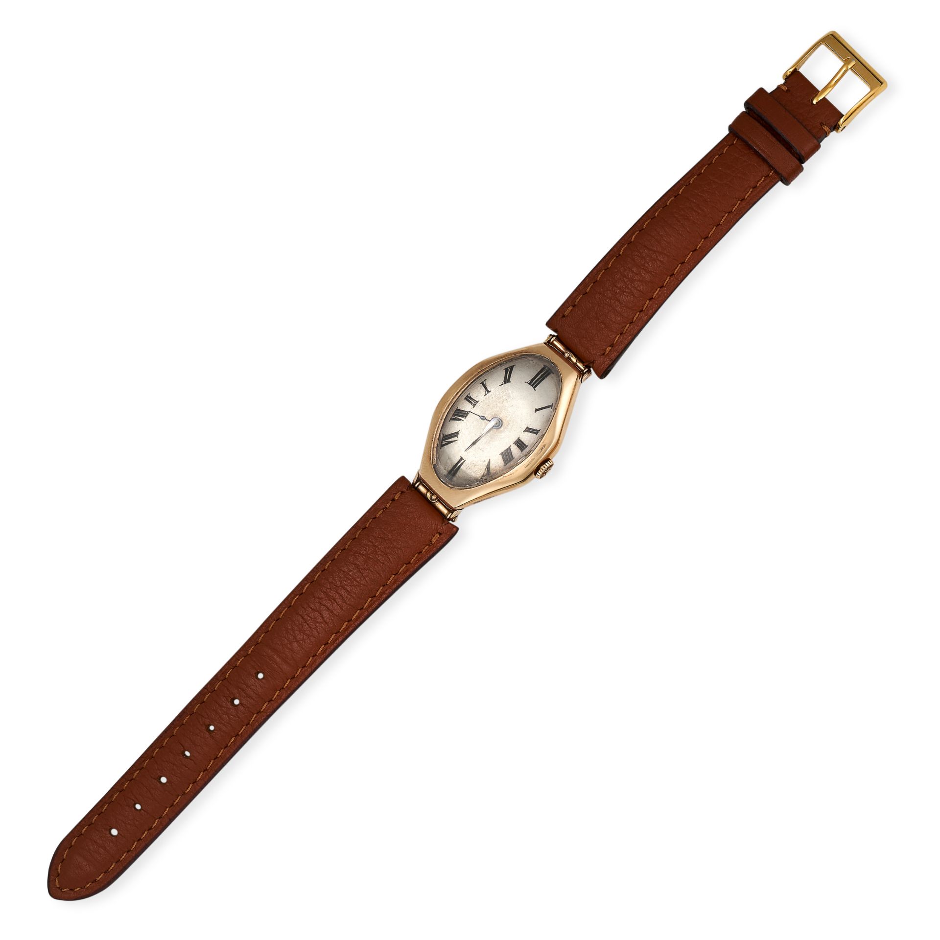PATEK PHILIPPE, A TONNEAU SHAPED ANTIQUE WRISTWATCH, 1915-1920 in 14ct yellow gold, white face