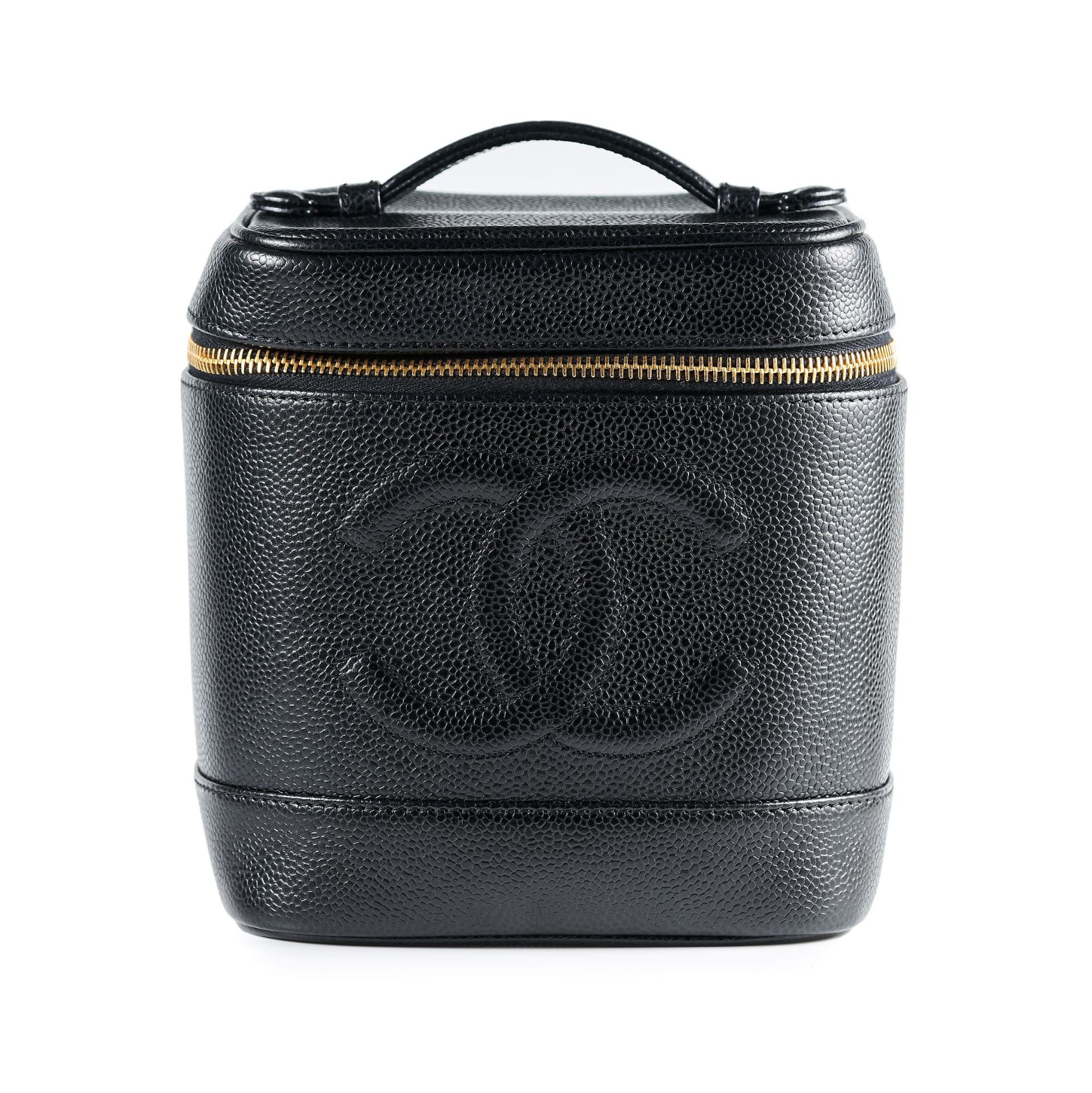 CHANEL, A LEATHER VANITY CASE calf leather, gold tone hardware, 16.0cm wide, 18.0cm high, includes
