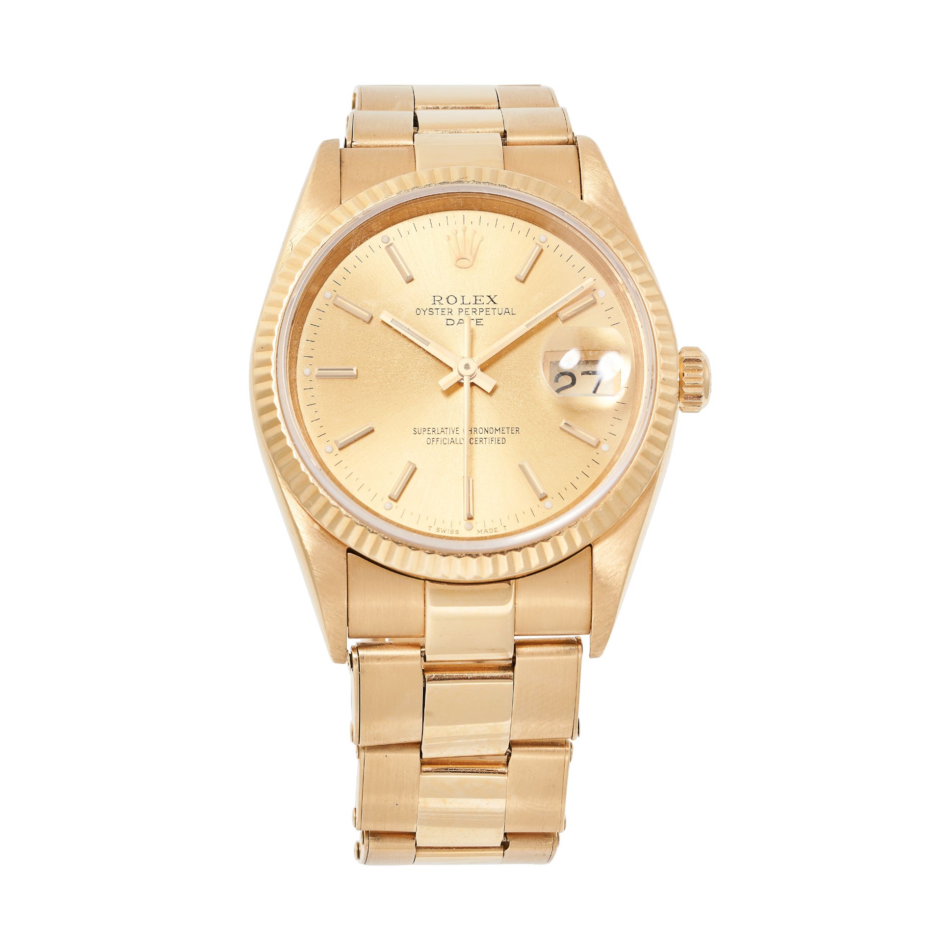ROLEX, AN OYSTER PERPETUAL DATE WRISTWATCH, REF 15238, 1990, in 18ct yellow gold, gold dial with