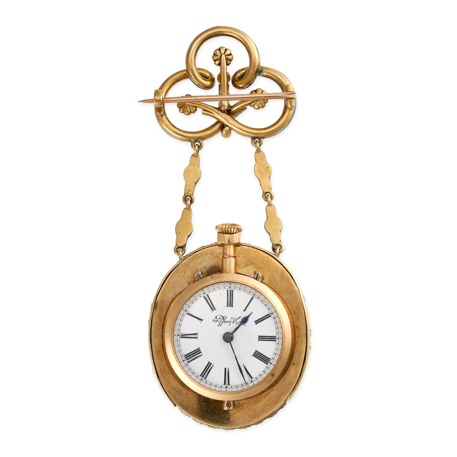 TIFFANY & CO, AN ANTIQUE ENAMEL AND PEARL POCKET WATCH in yellow gold, comprising a knotted motif - Bild 2 aus 2