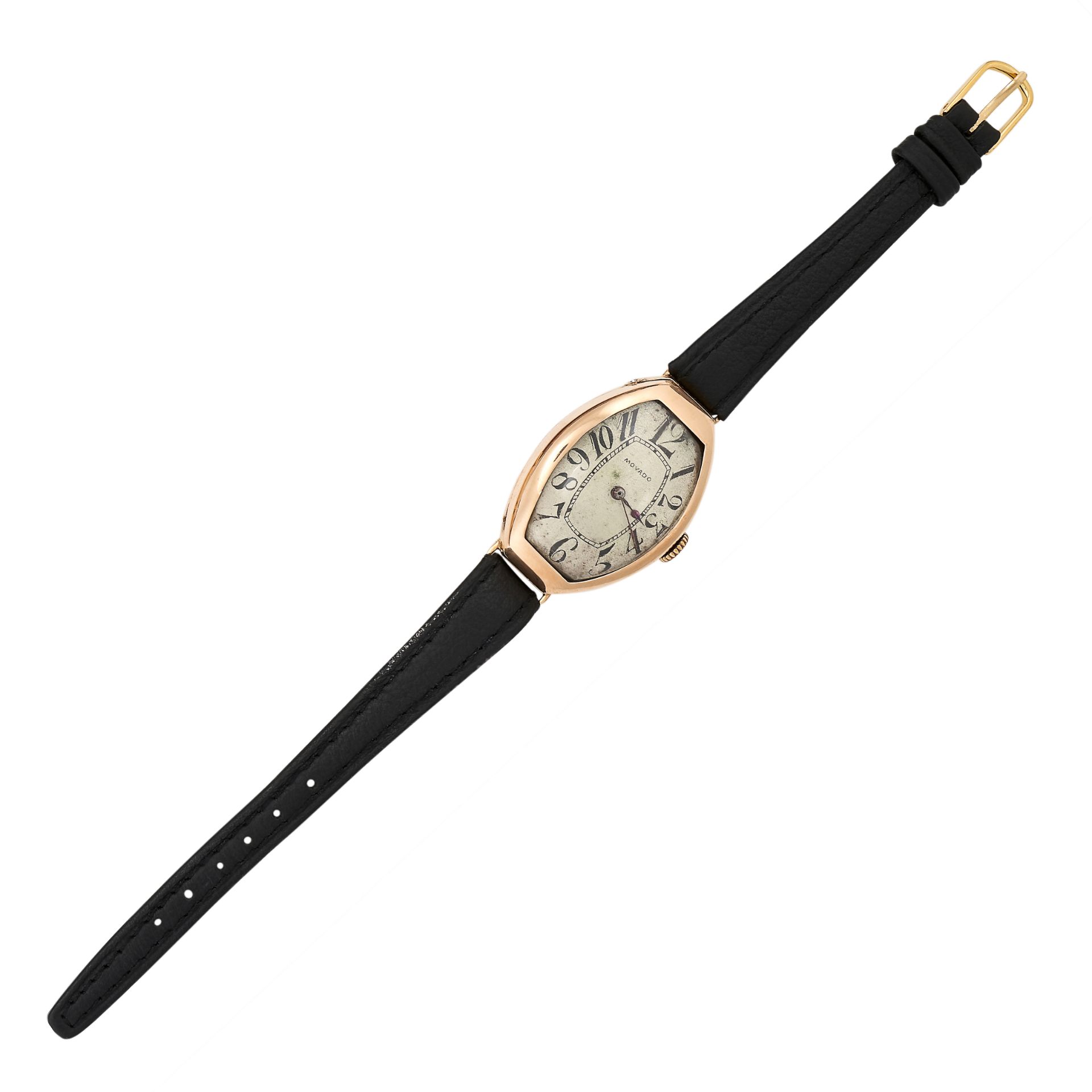 MOVADO, A TONNEAU SHAPED ANTIQUE WRISTWATCH, 1910-1920 in 14ct yellow gold, dial with Roman