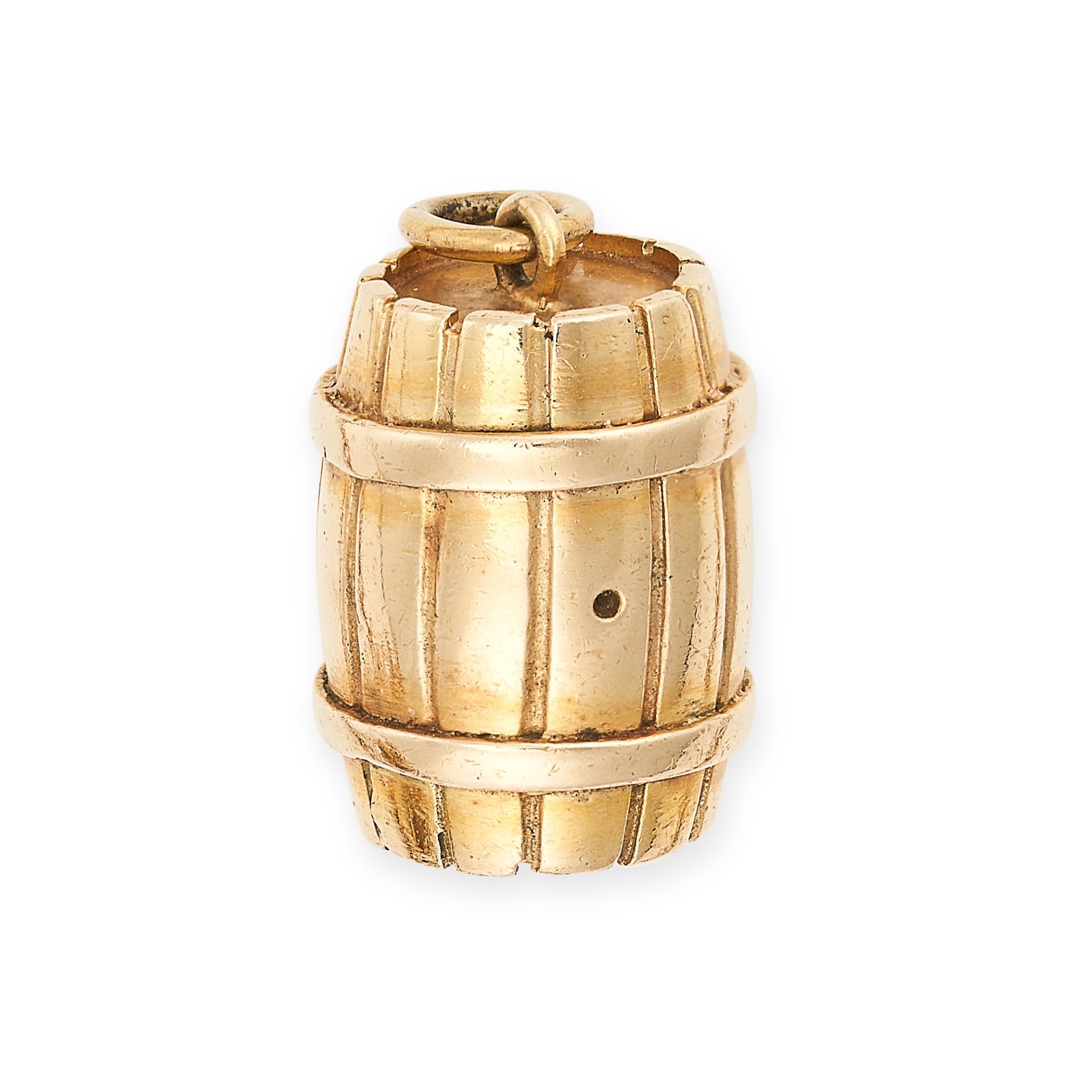 A VINTAGE BARREL CHARM in 9ct yellow gold, designed as an oak whisky barrel, British hallmarks for