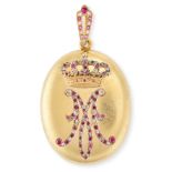 A FINE ANTIQUE RUBY AND DIAMOND LOCKET PENDANT in high carat yellow gold, the hinged body grain