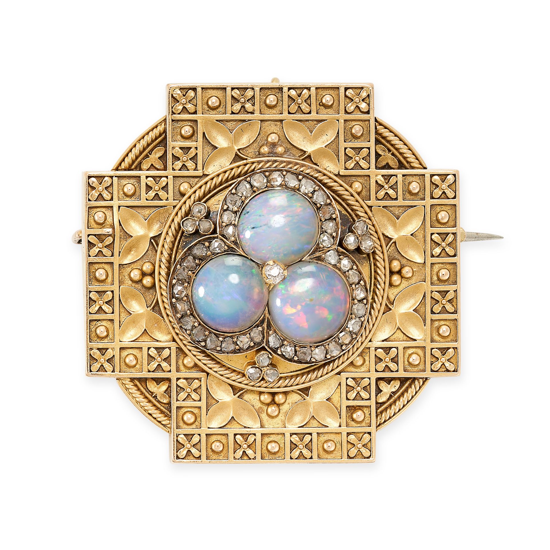 CARLO GIULIANO, A FINE ANTIQUE OPAL AND DIAMOND BROOCH in yellow gold, in the Etruscan revival