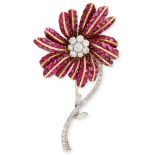 A VINTAGE BURMA NO HEAT RUBY AND DIAMOND FLOWER BROOCH made with round cut ruby set petals around