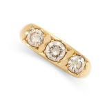 NO RESERVE - A DIAMOND THREE STONE RING in 18ct yellow gold, set with three round brilliant cut