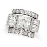 NO RESERVE - A FINE LATE ART DECO DIAMOND COCKTAIL RING set with a central old cut diamond of