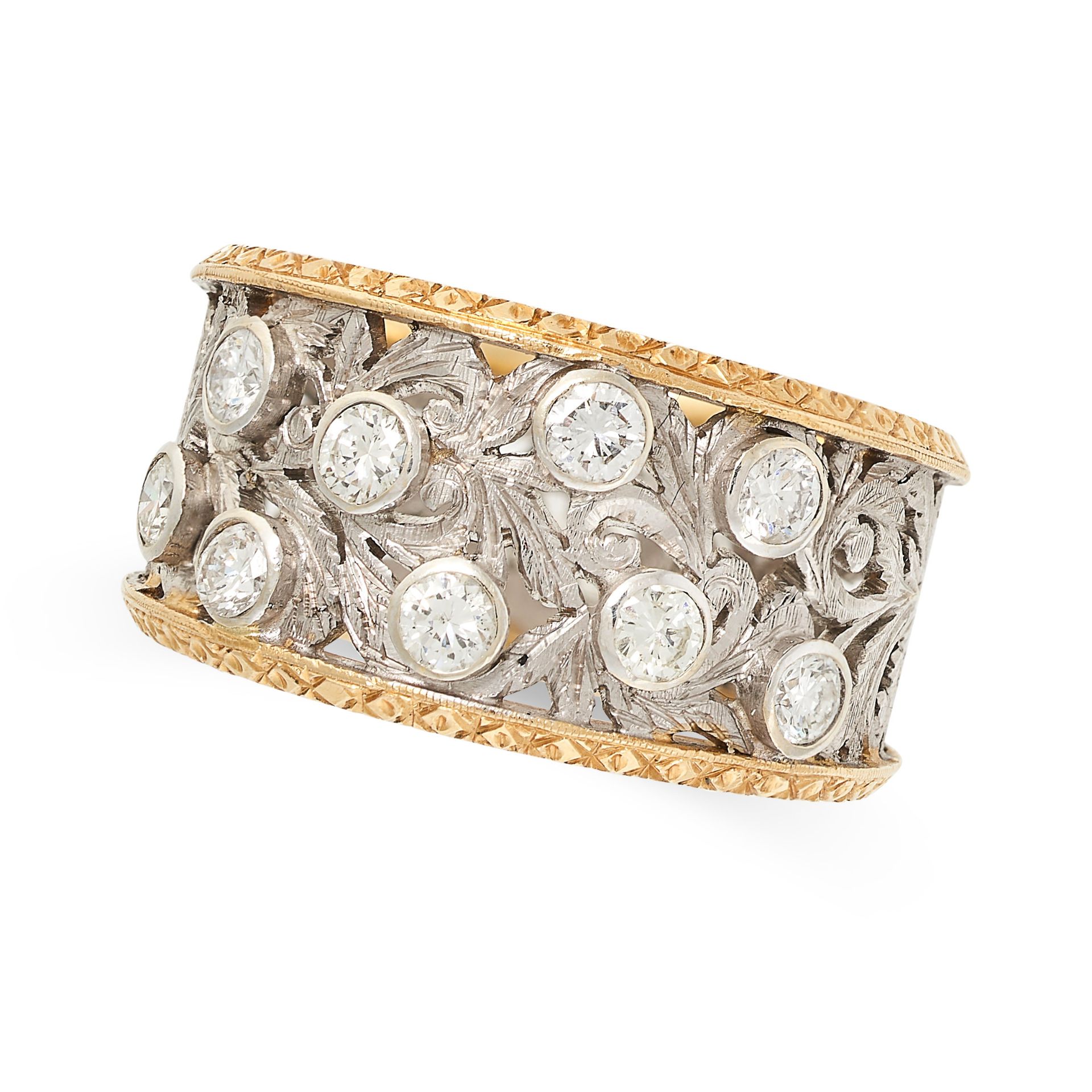 A DIAMOND BAND RING in the manner of Buccellati, in yellow gold and white gold, the openwork band