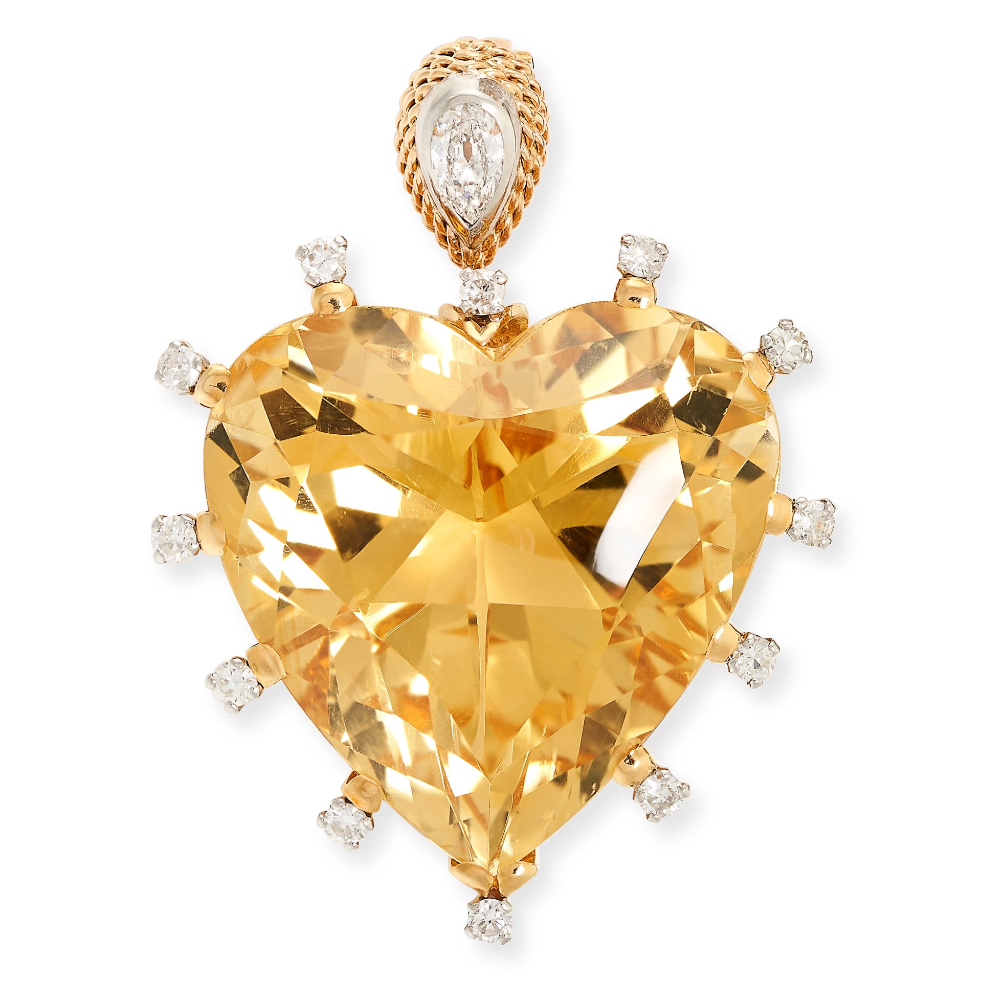 PIERRE STERLE, A FINE VINTAGE FRENCH HEART SHAPED CITRINE AND DIAMOND PENDANT in 18ct yellow gold