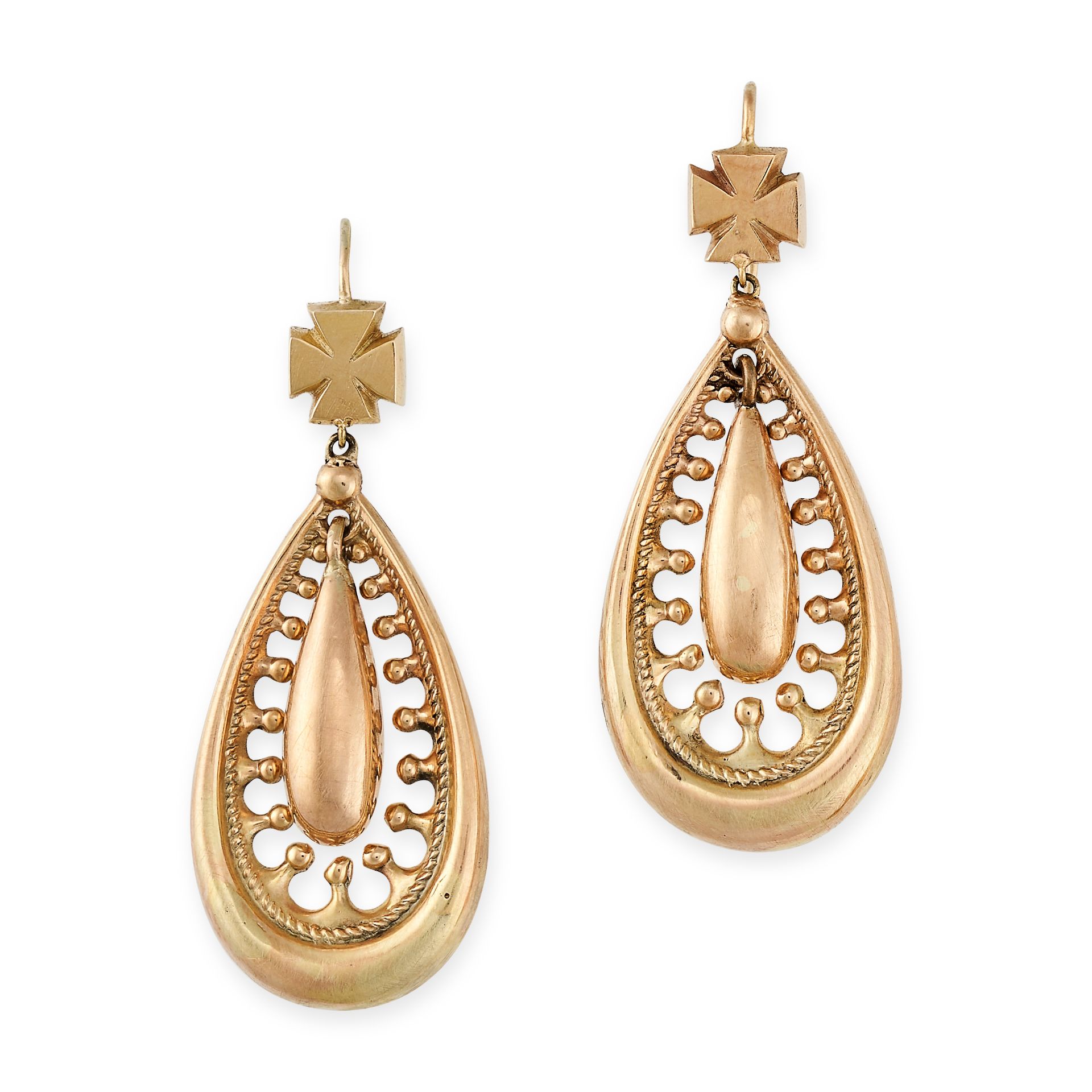 NO RESERVE - A PAIR OF ANTIQUE GOLD DROP EARRINGS in yellow gold, each set with a drop shaped link