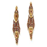 A PAIR OF ANTIQUE SPANISH HESSONITE GARNET PENDANT EARRINGS, CATALAN CIRCA 1780 in yellow gold,