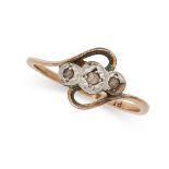 AN ANTIQUE DIAMOND RING in yellow gold and platinum, set with three rose cut diamonds, stamped