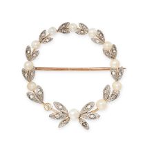 NO RESERVE - AN ANTIQUE DIAMOND AND PEARL BROOCH in yellow gold and silver, designed as a wreath