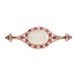 AN ANTIQUE MOONSTONE INTAGLIO, RUBY AND DIAMOND BROOCH in yellow gold, set centrally with a tablet