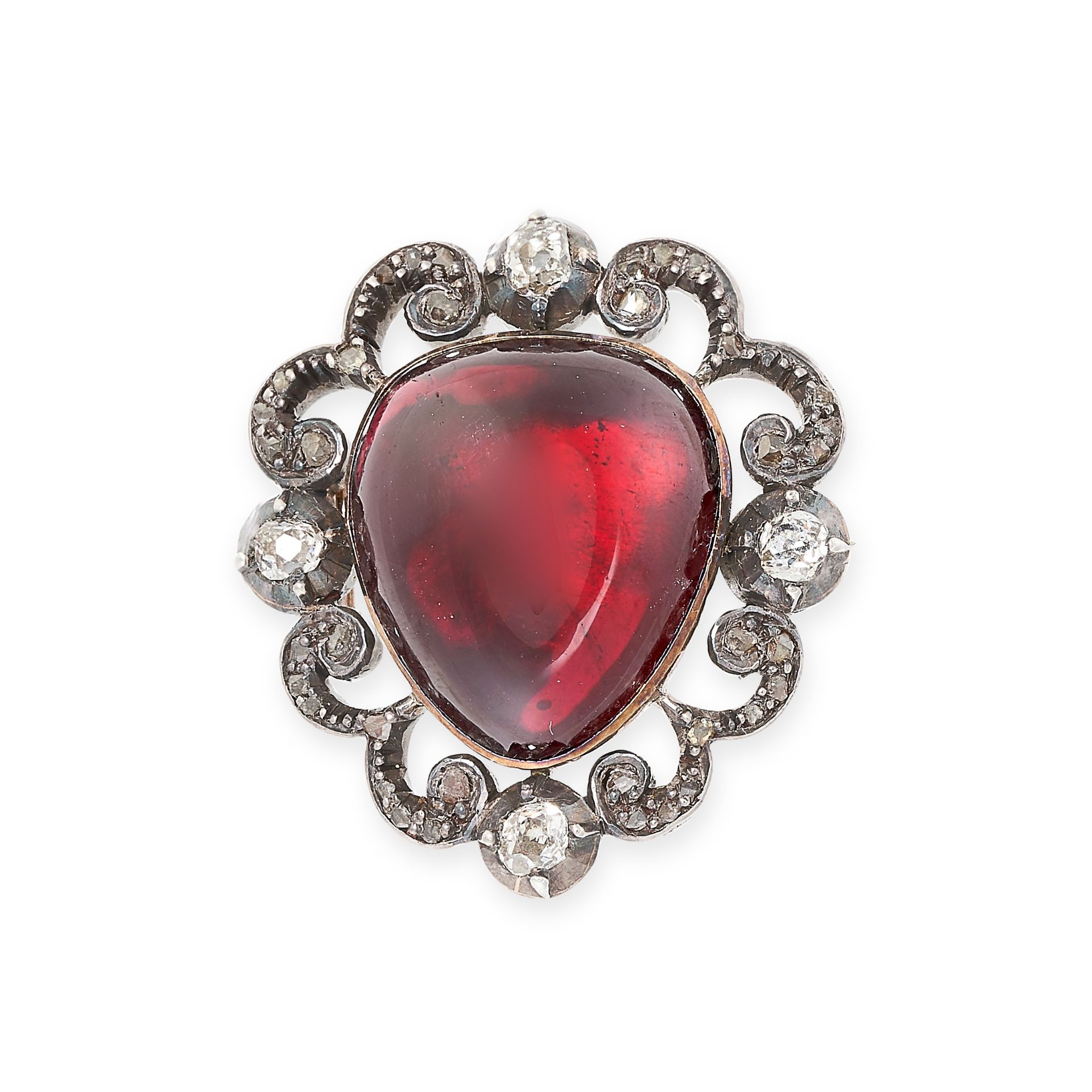 NO RESERVE - AN ANTIQUE VICTORIAN GARNET AND DIAMOND BROOCH, 19TH CENTURY in yellow gold and silver,