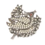 A VINTAGE GEMSET BIRD BROOCH in silver, designed as a bird amongst leaves, set with faux pearls