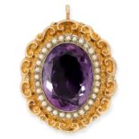 AN ANTIQUE AMETHYST AND PEARL PENDANT in yellow gold and silver, set with a central oval cut