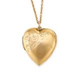 A VINTAGE HEART LOCKET PENDANT AND CHAIN the heart locket with engraved motifs, opening to reveal