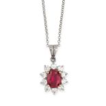 A SYNTHETIC RUBY AND CUBIC ZIRCONIA PENDANT set with an oval cut synthetic ruby in a border of round