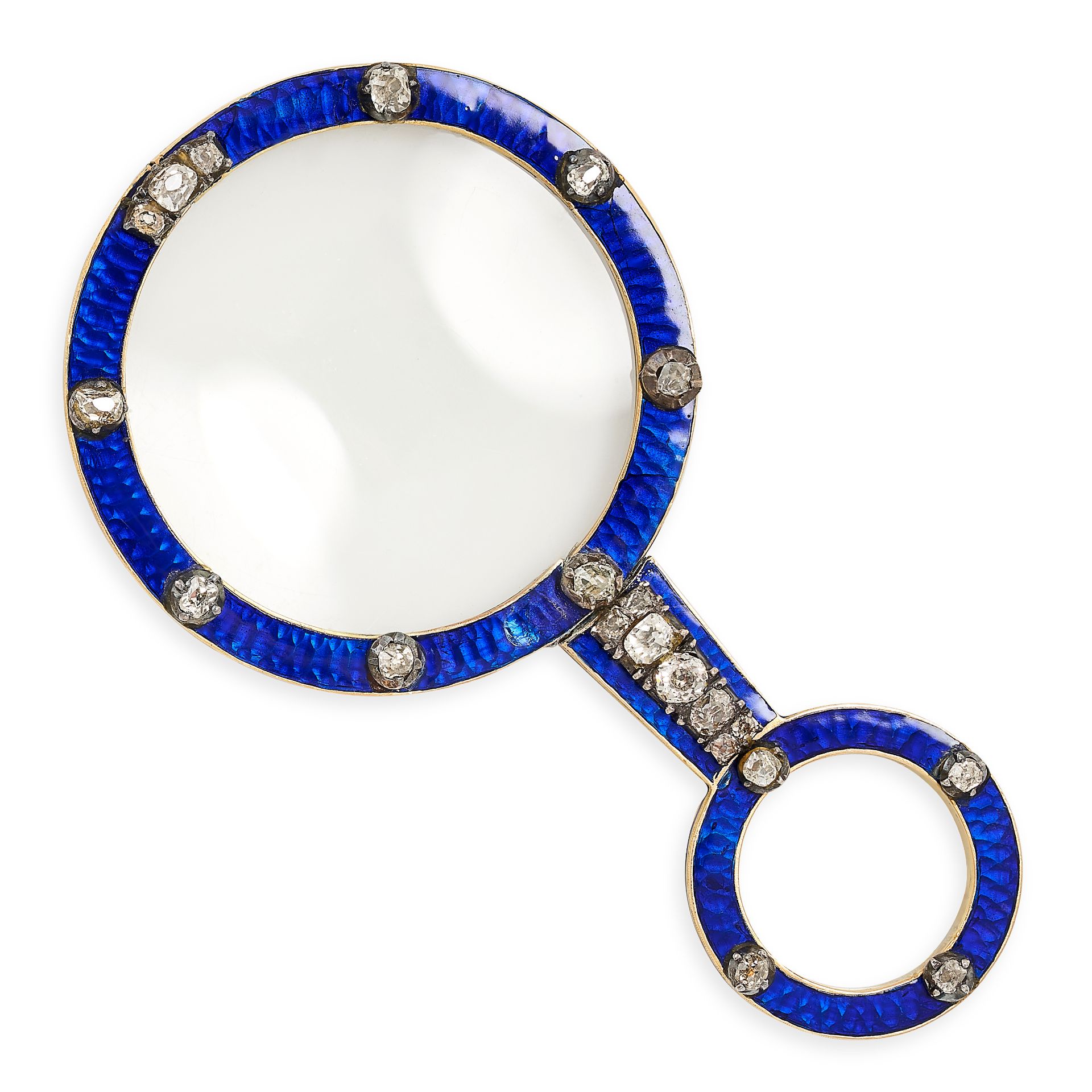 A FINE ANTIQUE ENAMEL AND DIAMOND QUIZZING / MAGNIFYING GLASS in yellow gold, with blue enamelled