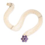 NO RESERVE - A PEARL AND AMETHYST CHOKER NECKLACE in yellow gold, comprising five rows of pearls,