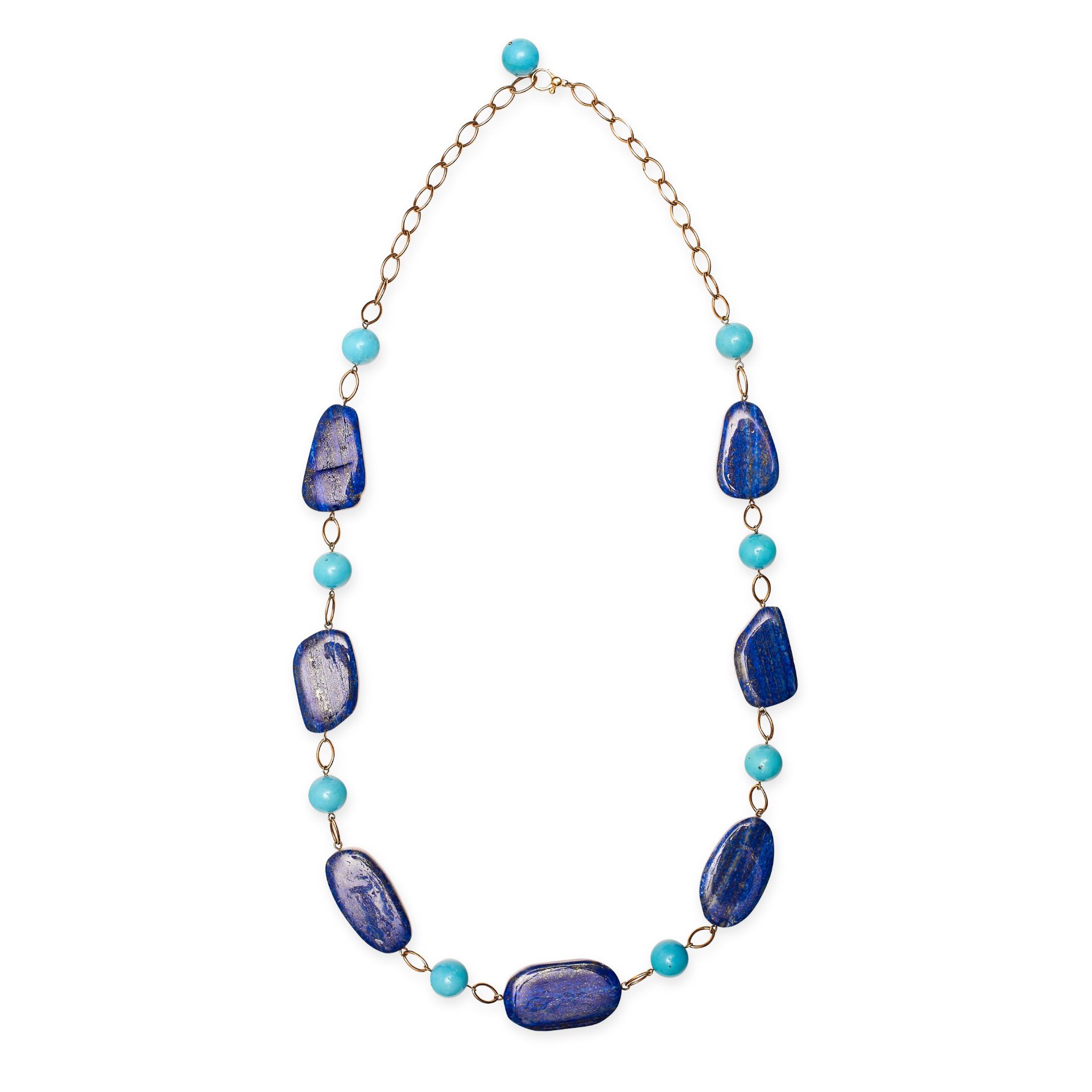 A TURQUOISE AND LAPIS LAZULI NECKLACE in 18ct yellow gold, formed of nine flattened polished