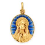 A FRENCH ART NOUVEAU ENAMEL VIRGIN MARY MEDALLION PENDANT in 18ct yellow gold, after a medallion