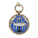 AN ANTIQUE ENAMEL AND LOCKET FOB PENDANT the circular face with blue, white and black enamel